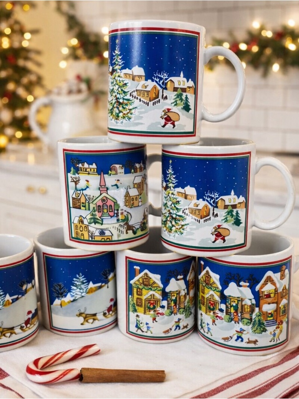 Vintage Lefton Christmas Village Mug Set 7pc Holiday Storybook Cups 8oz
